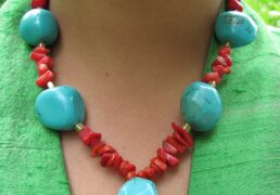 Large Turquoise Stones and Coral Chips Necklace