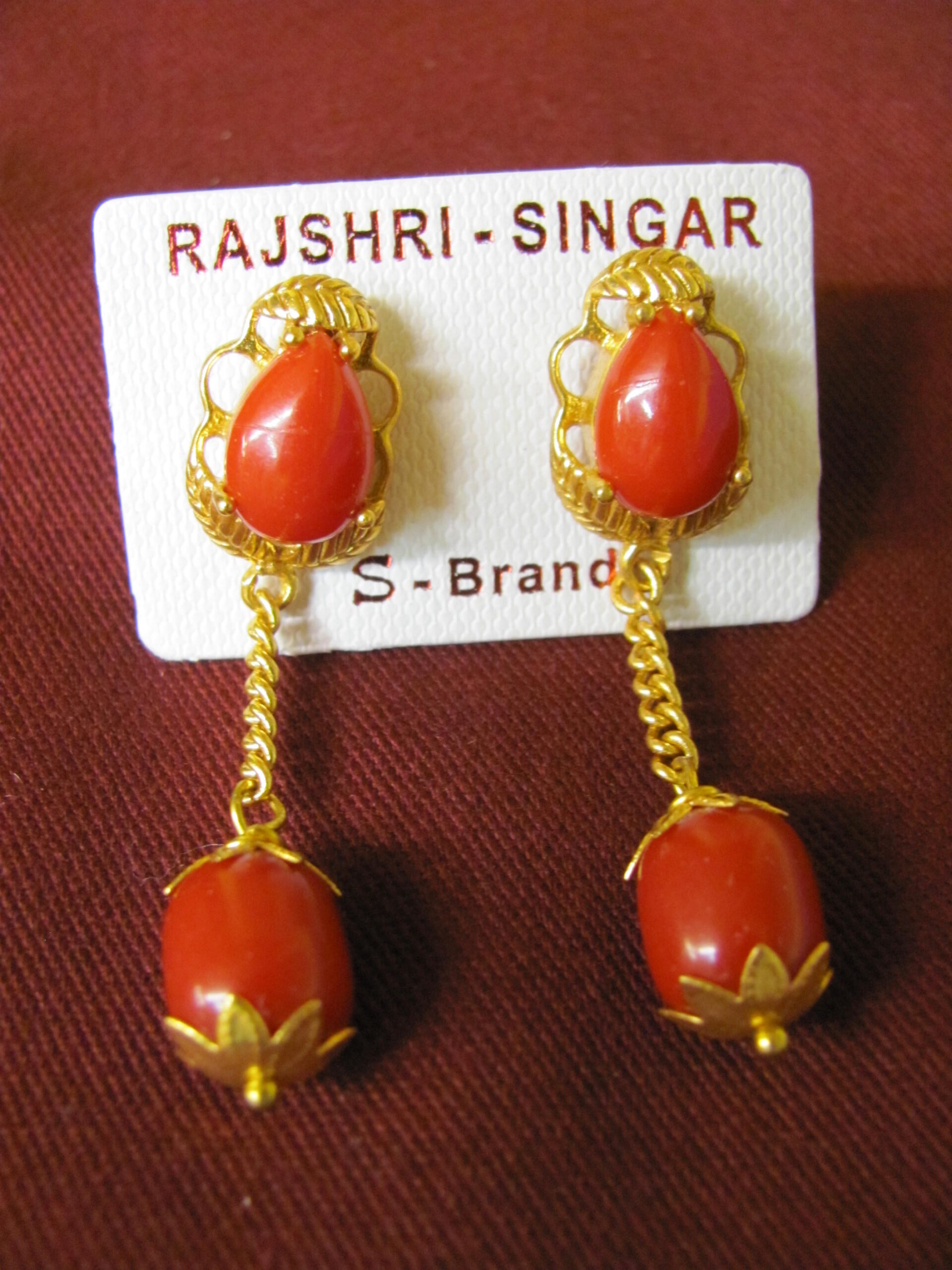 Gold & Coral Tibetan Costume Earrings - Little Moon Tibetan Gift Shop