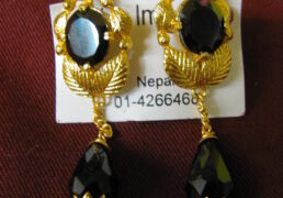 Large Black Stone & Gold Tibetan Costume Earrings