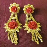 Gold & Coral Rose Tibetan Costume Earrings
