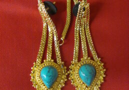 Large Turquoise & Gold Tibetan Costume Earrings