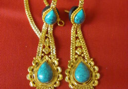 Medium Turquoise & Gold Tibetan Costume Earrings