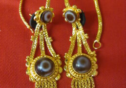 Round Dzi Stone & Gold Tibetan Costume Earrings