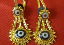 Oval Shaped Dzi Stone & Gold Tibetan Costume Earrings