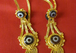 Spade Shaped Dzi Stone & Gold Tibetan Costume Earrings