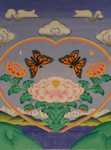 Two butterflies attracted to a blooming lotus surrounded by rainbow light